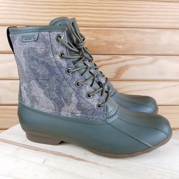 Sperry Top-Sider Men's 10 Saltwater Camo Duck Boots Lace-up Green STS23702 NEW - Picture 1 of 11